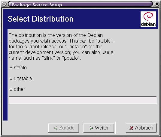 GNOME Apt - Installationsquellen - Distribution auswählen