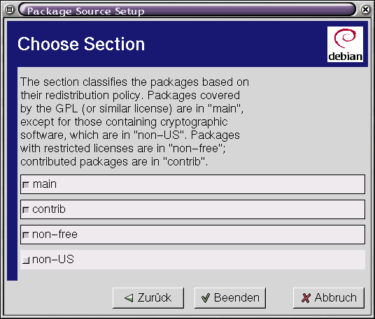 GNOME Apt - Installationsquellen - Bereiche auswählen