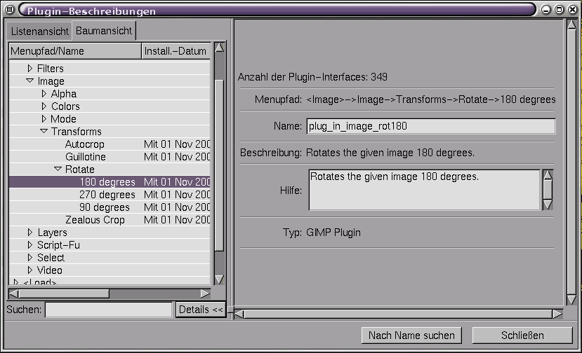 Gimp-Menü: Xtns/Plugin Details