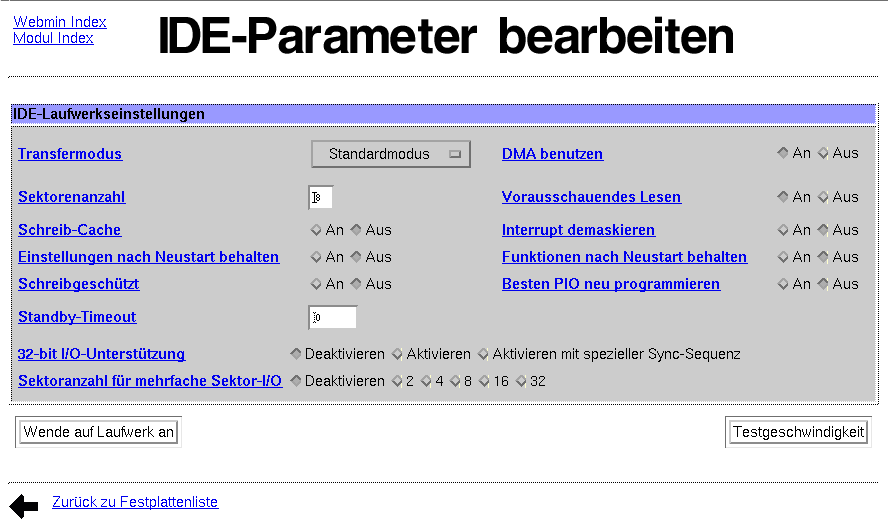 Kategorie Hardware - IDE-Parameter bearbeiten