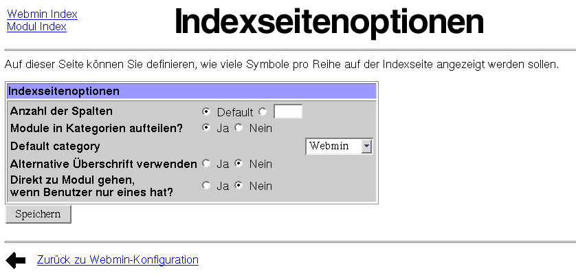 Webmin - Indexseitenoptionen
