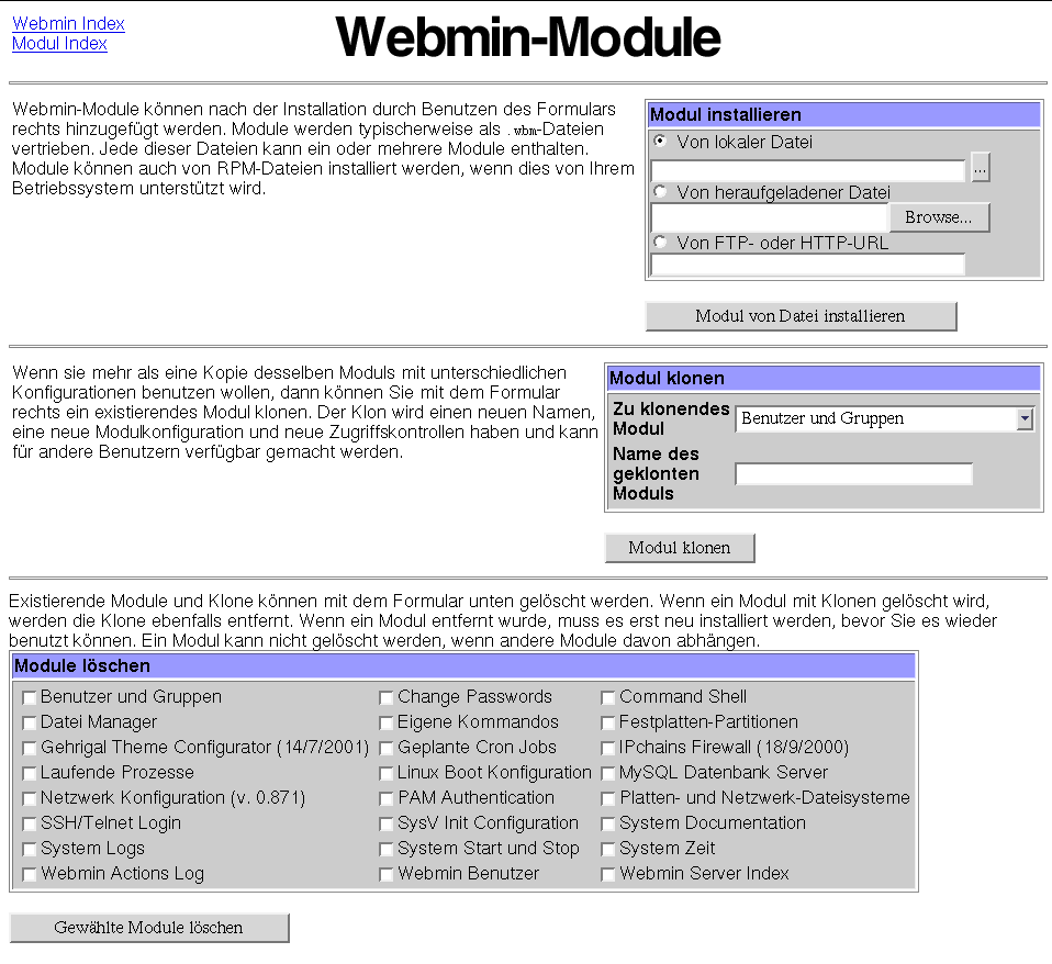 Kategorie Webmin - Konfiguration - Module