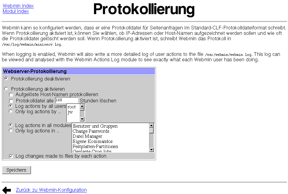 Kategorie Webmin - Konfiguration - Protokollierung