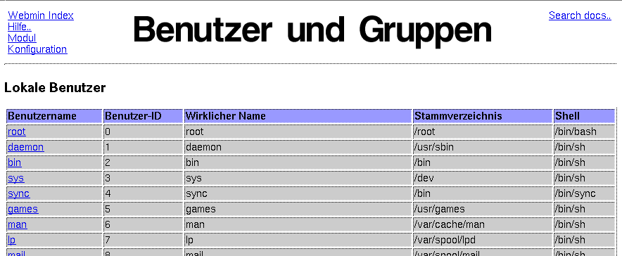 Kategorie Webmin - System - Benutzer und Gruppen