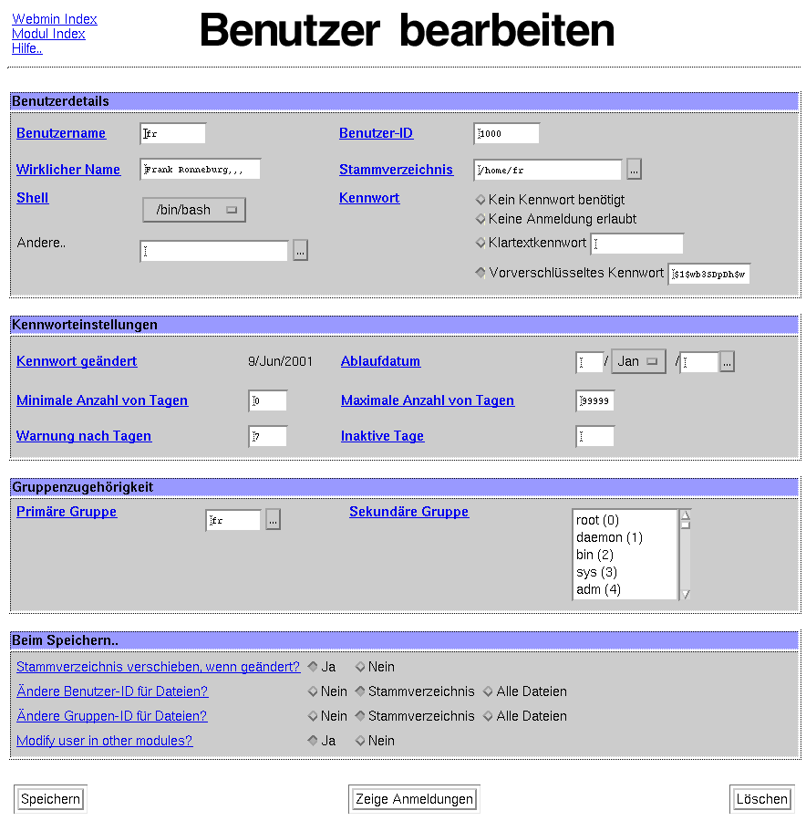 Kategorie Webmin - System - Benutzer und Gruppen - ändern