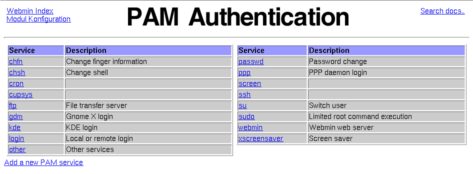 Kategorie Webmin - System - PAM-Authentification
