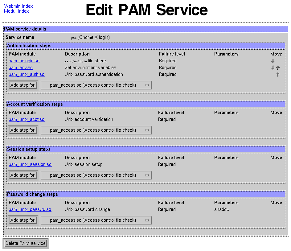 Kategorie Webmin - System - Edit PAM Service