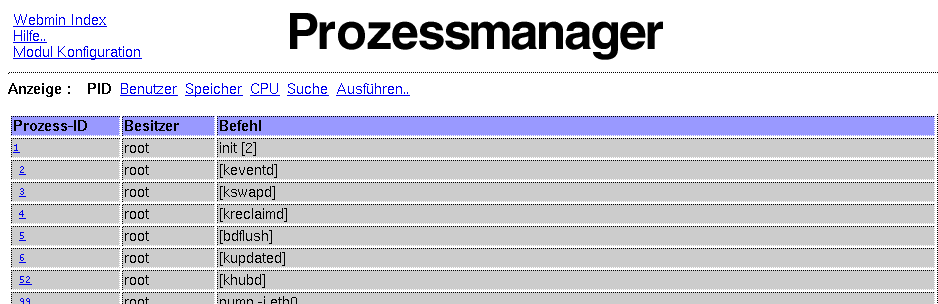 Kategorie Webmin - System - Laufende Prozesse